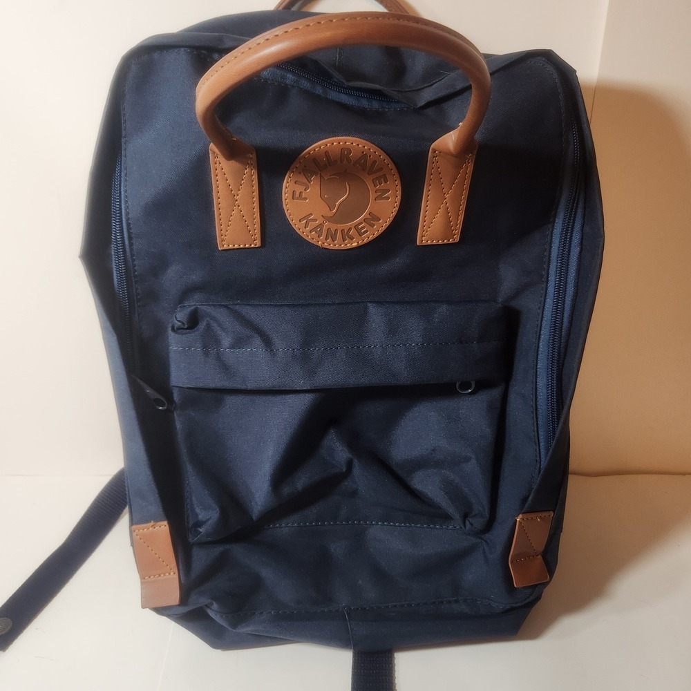 Fjallraven Kanken No. 2 Navy Blue Backpack Leather Trim Laptop Bag Unisex